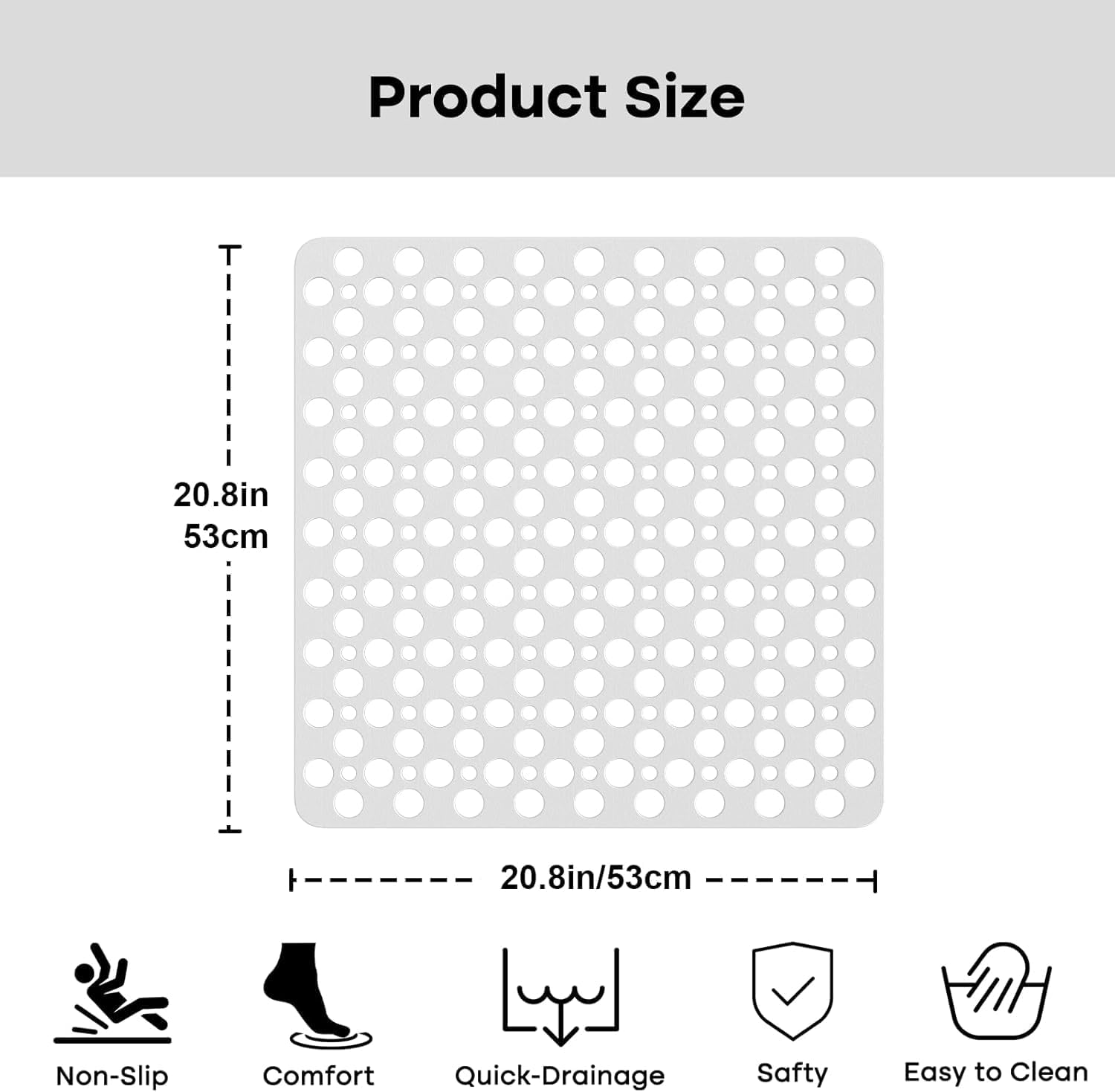 Squre Shower Mat, 21 X 21 Inch, Non Slip Bath Shower Mat for inside Shower, anti Slip Shower Stall Mat, Bath Mat with Big Suction Cups, Drain Holes (White, 53 X 53Cm) image number 6