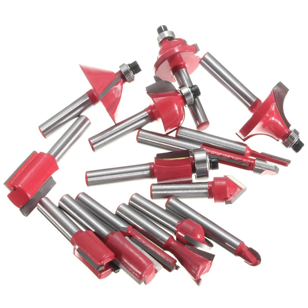 Yakamoz 15 Pieces 1/4 Inch Shank Tungsten Carbide Router Bit Set Woodworking Cutter Trimming Milling Bits Tool Kit for Home Improvement and Diy丨Red image number 3