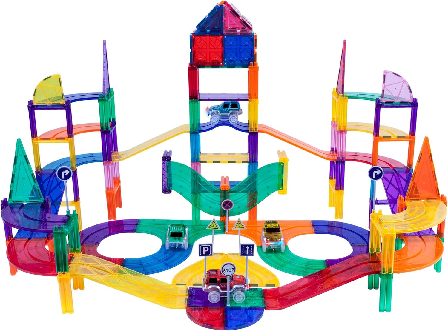 Picassotiles 150 Piece Race Car Track Building Block Educational Toy Set Magnet Tile Magnetic Blocks Playset 4 Cars Early STEM Learning Construction Kit Hand-Eye Fine Motor Skill Brain Training PTR150 image number 5