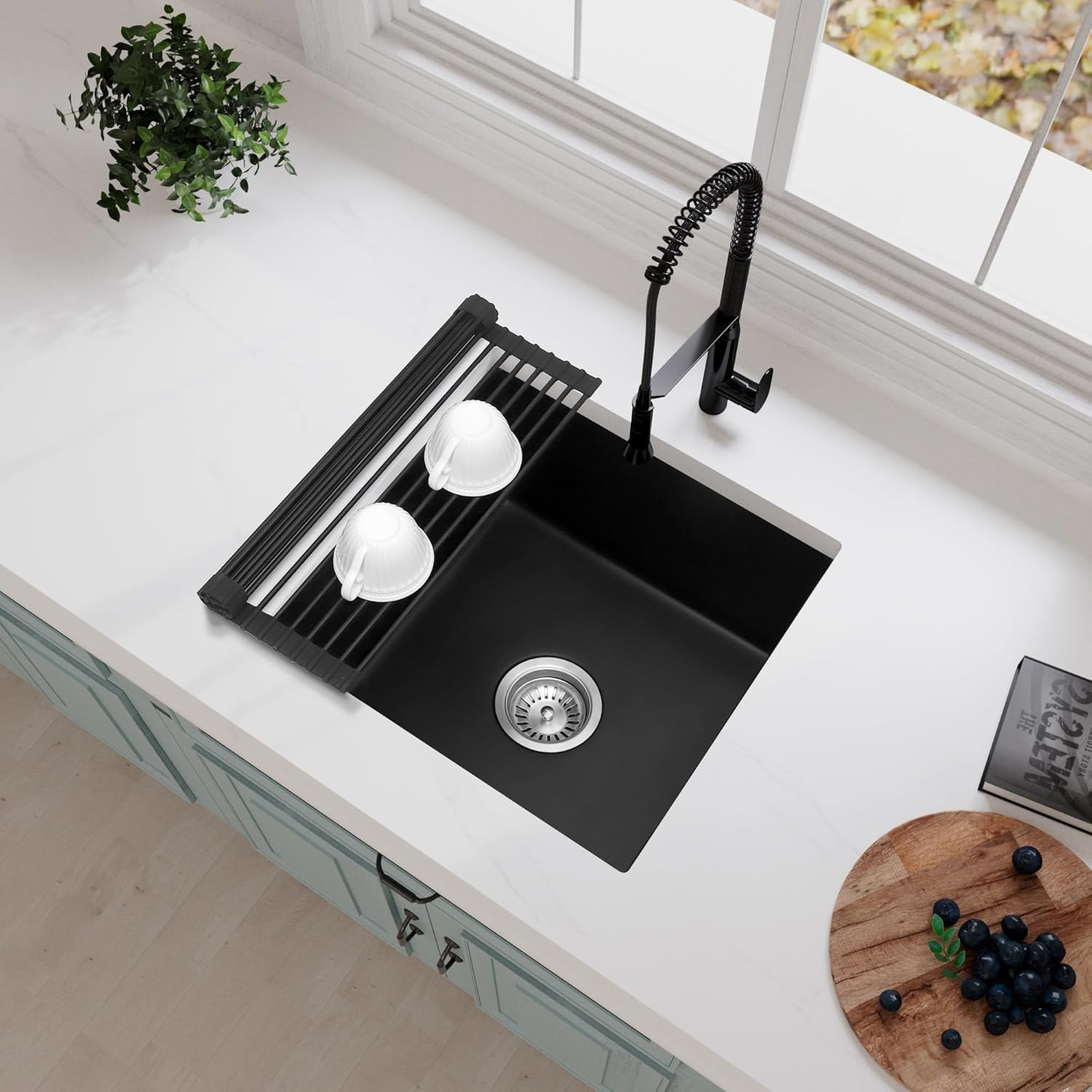 MILOSEN Black Kitchen Sink 45X45Cm, Granite Stone Sink, Mini Black Bar Sink, Undermount Kitchen Sink, Single Bowl Kitchen Sink image number 4