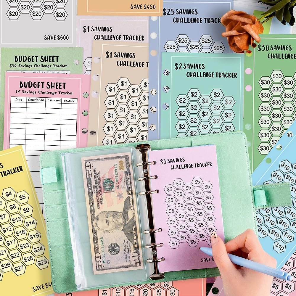 48 Sheets 100 Envelopes Money Saving Challenge Binder Trackers,6 Ring A6 Binders Savings Challenge Trackers Cards for Budget Planner,Savings Challenge Multiple Budget Sheets for Cash Stuffing Binder image number 6