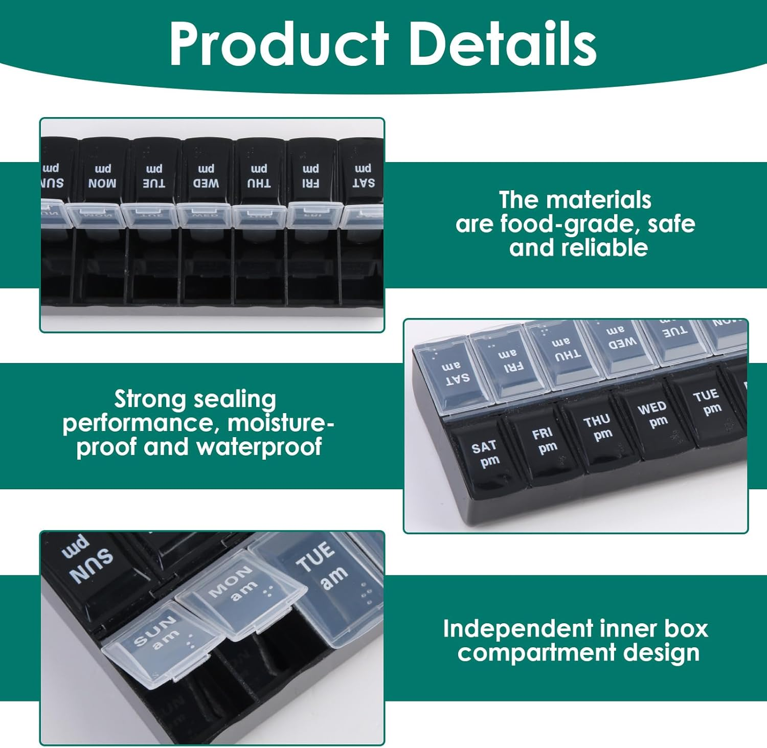 Weekly AM & PM Pill Organizer, Medicine Container 7 Days 2 Times Day and Night for Travel, Tablet Organiser Large for Vitamins Fish-Oil Supplements Capsule Storage with Braille (Black & White) image number 5