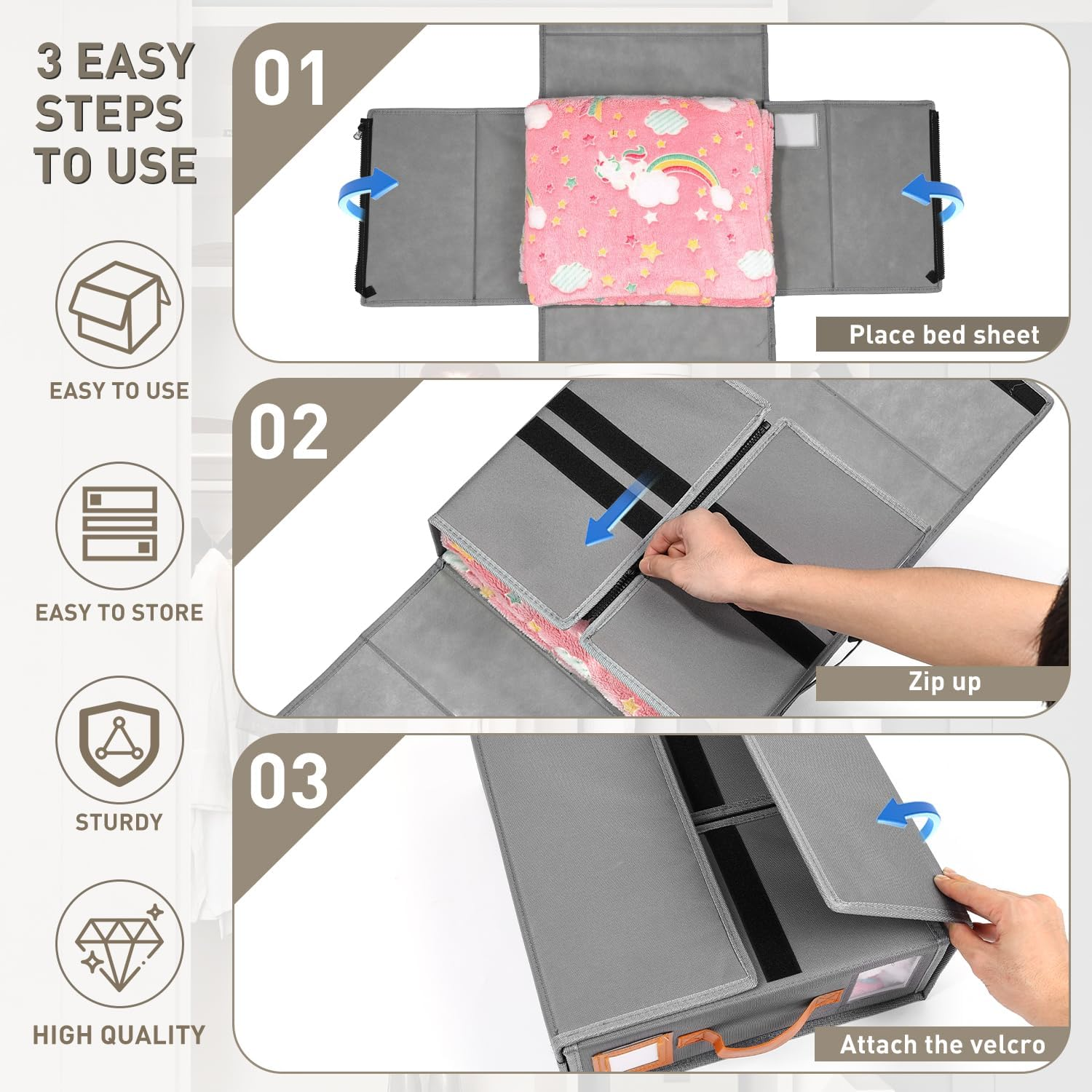 Jabykare 8 Pack Bed Sheet Organisers - Foldable Bedding Sheet Organiser with Window Xl(King & Queen Size) for Linen, Closets, Wardrobe, Home Storage & Organisation (Grey) - Beige image number 3