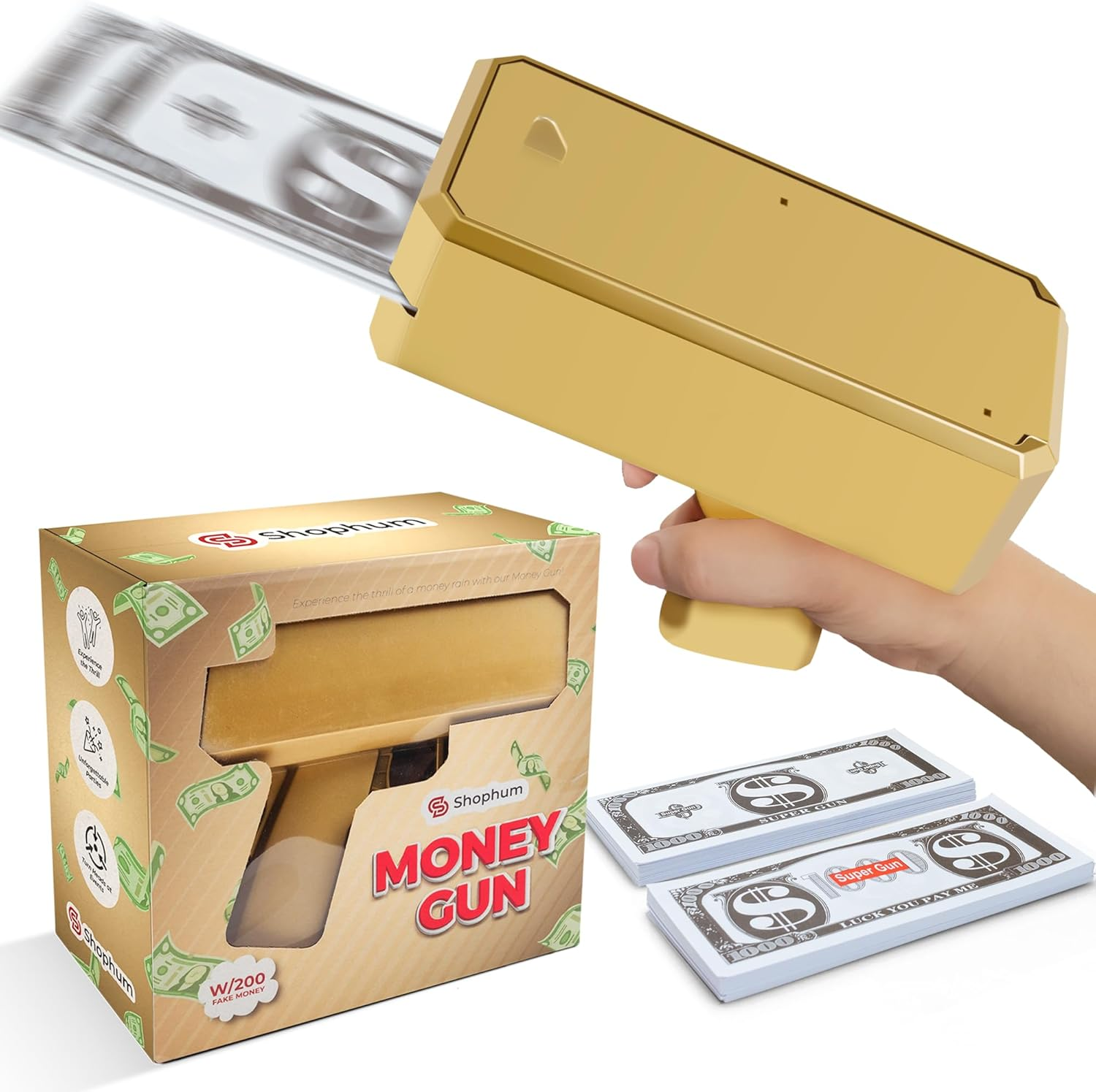 Gold Make It Rain Money Gun - Handheld Spray Cash Gun with 200 Pcs for Game Movies Party Supplies (Golden) image number 2