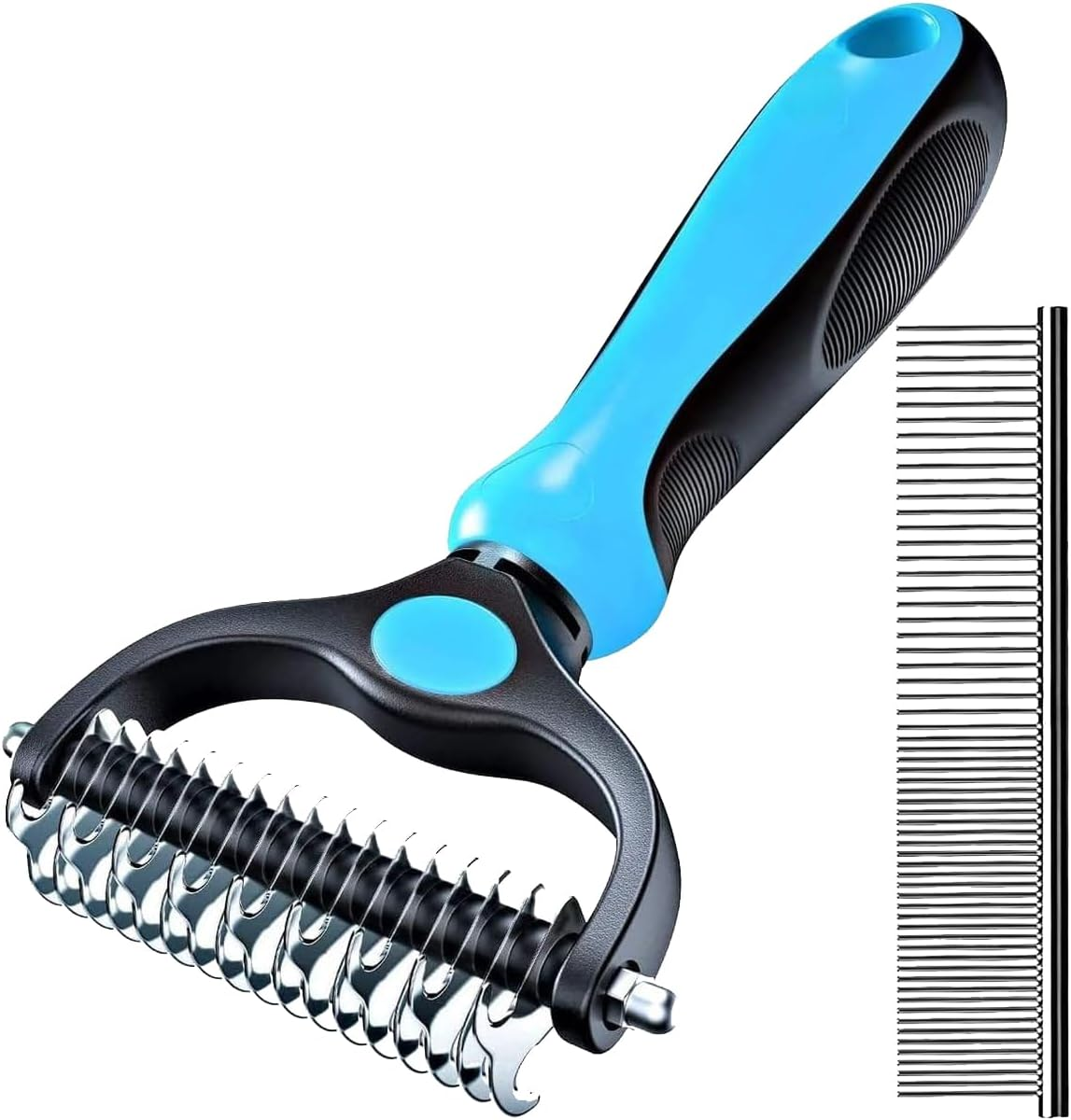Deshedding Dog Brush, Dematting Comb for Cat and Dog, Pet Grooming Brush and Rake for Small, Medium Large Dogs Double Sided Deshedding Tool Removes Knots & Tangled Hair