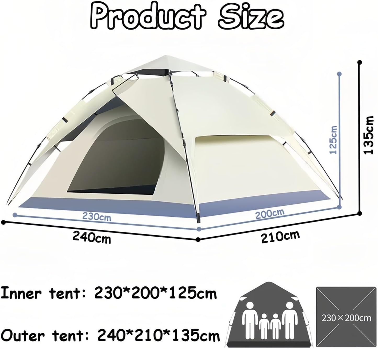 Camping Tent, 3-4 Person Pop up Tent, UV Protection, 2 Door Breathable Design, Portable Dome Tent for Family Camping, Hiking, and Beach Outings(Off White) image number 3