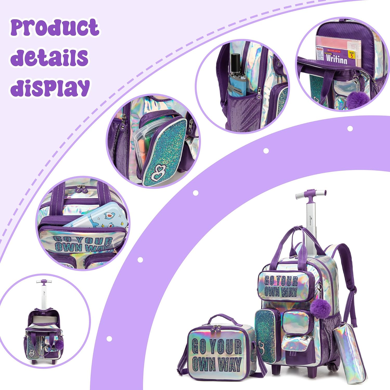 MYHSBYO Rolling Backpack for Girls and Boys Backpack with Wheels Travel Luggage Suitcase image number 5