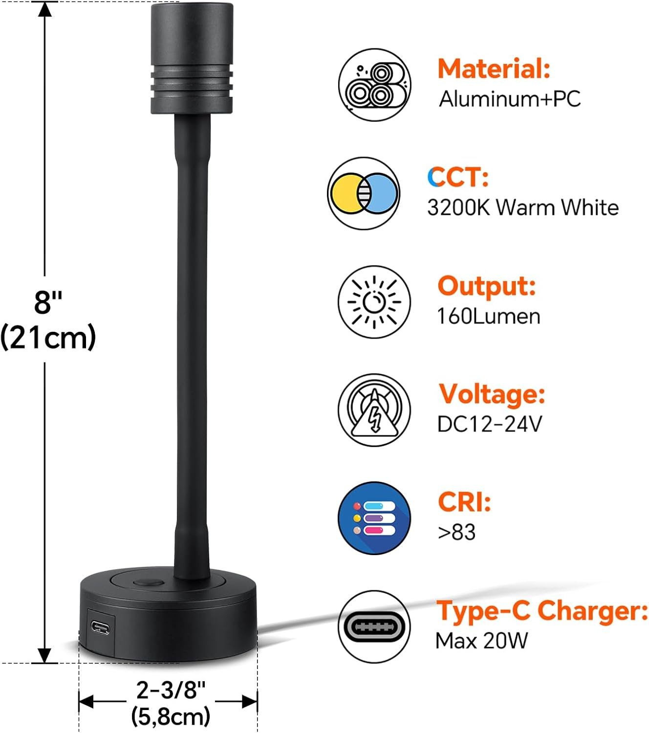 Obeaming 12 V Reading Lamp Caravan Boat Dimmable Bedside Lamp Gooseneck LED Wall Lamp for Van Truck Caravan, Built-In Type C Charger & Press Dimmer Switch 3200K, 2 Pieces image number 6