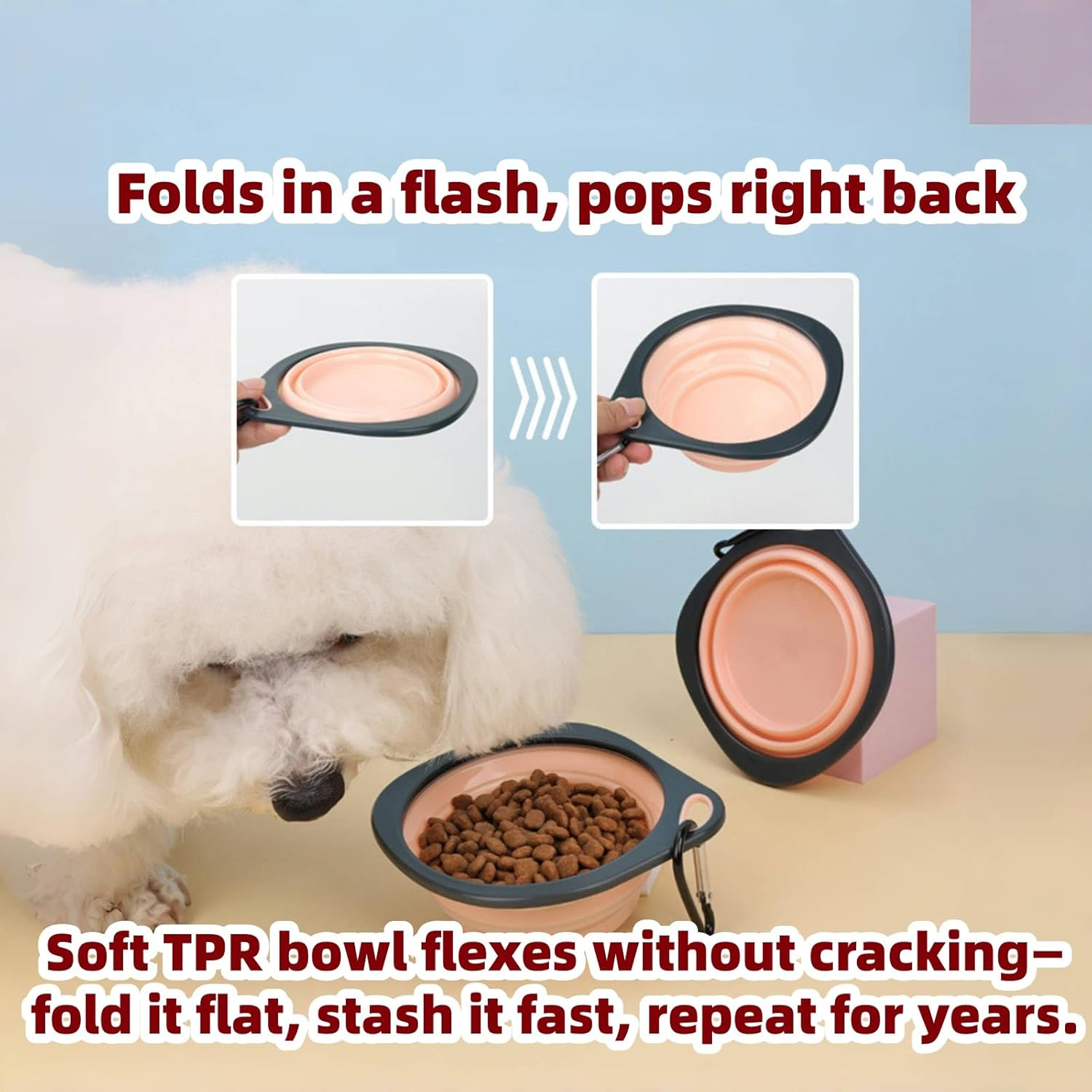 Dog Pet Collapsible Bowls 350Ml, 2 Pack for Cats Dogs, Portable Pets Feeding Watering Dish for Walking Parking Traveling with 2 Carabiners (Pink+Green) image number 3