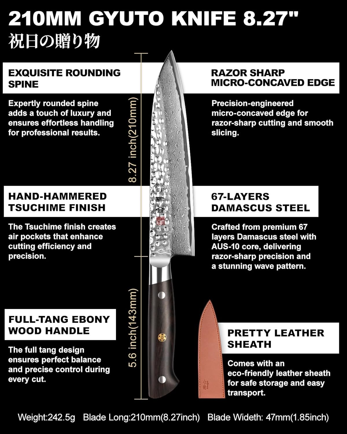 8.27 Inch Damascus Knife Japanese Chef Knife, AUS-10 Core 67 Layers Damascus Steel Gyuto Knife with Full-Tang Ebony Wood Handle, Professional Chef Knife with Premium Gift Box