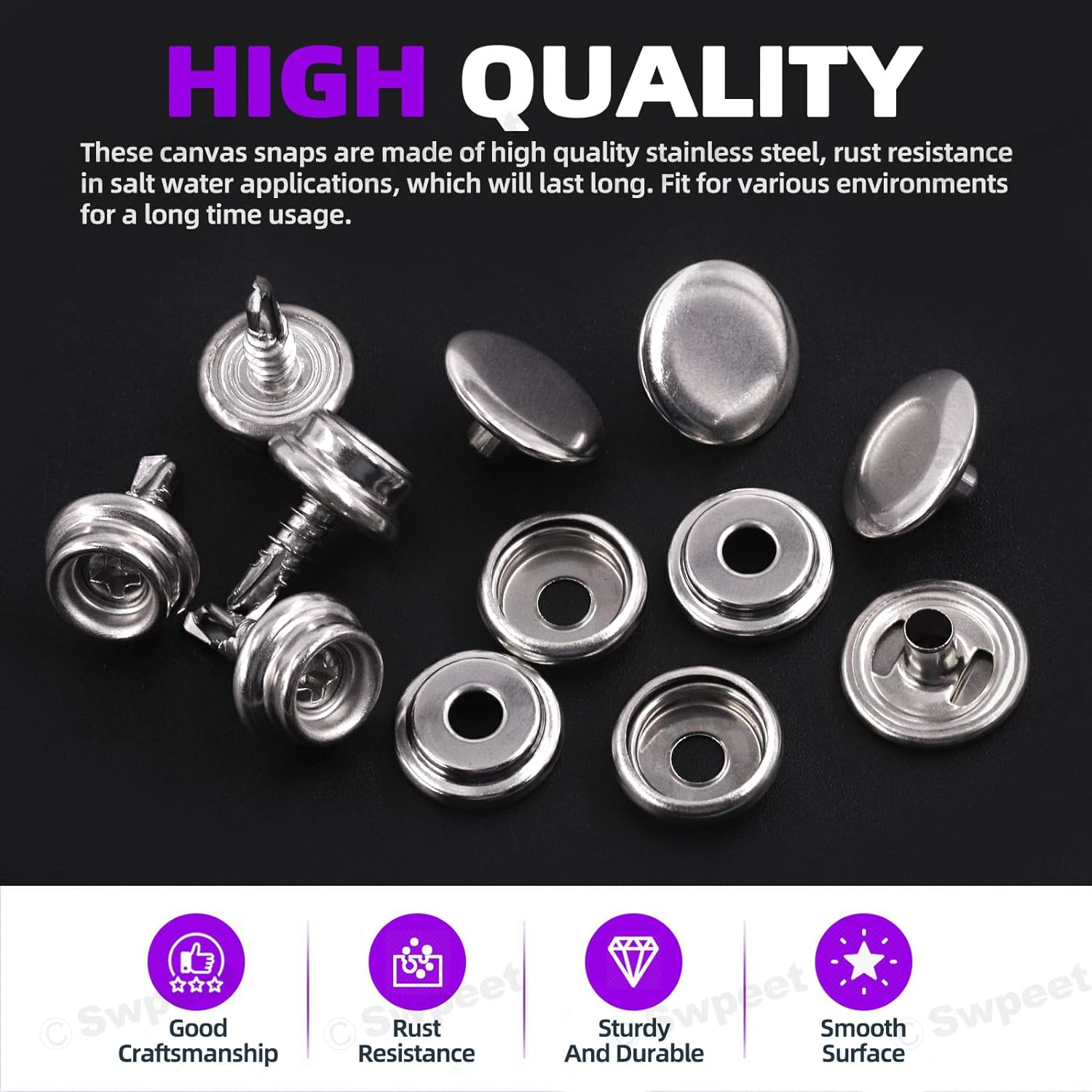 Swpeet 122Pcs Canvas Snap Kit, Stainless Steel Marine Grade Canvas and Upholstery Boat Cover Snap Button Fastener Kit Including 3/8" Sockets 13Mm Metal Screws Caps Anvil 3" Flaring Tool for Boat Cover image number 5