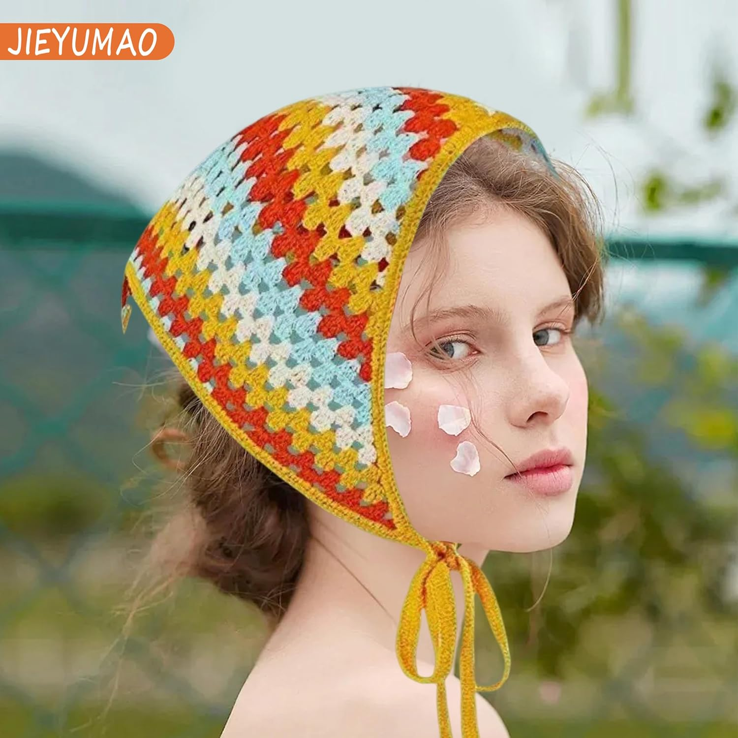 JIEYUMAO 4 Pcs Crochet Hair Bandana, 4 Styles Crochet Bandanas Headbands for Women, Fashion Knitted Headscarf Boho Head Kerchief Knitted Hair Scarf Floral Hairs Bandanas for Wedding Party image number 5