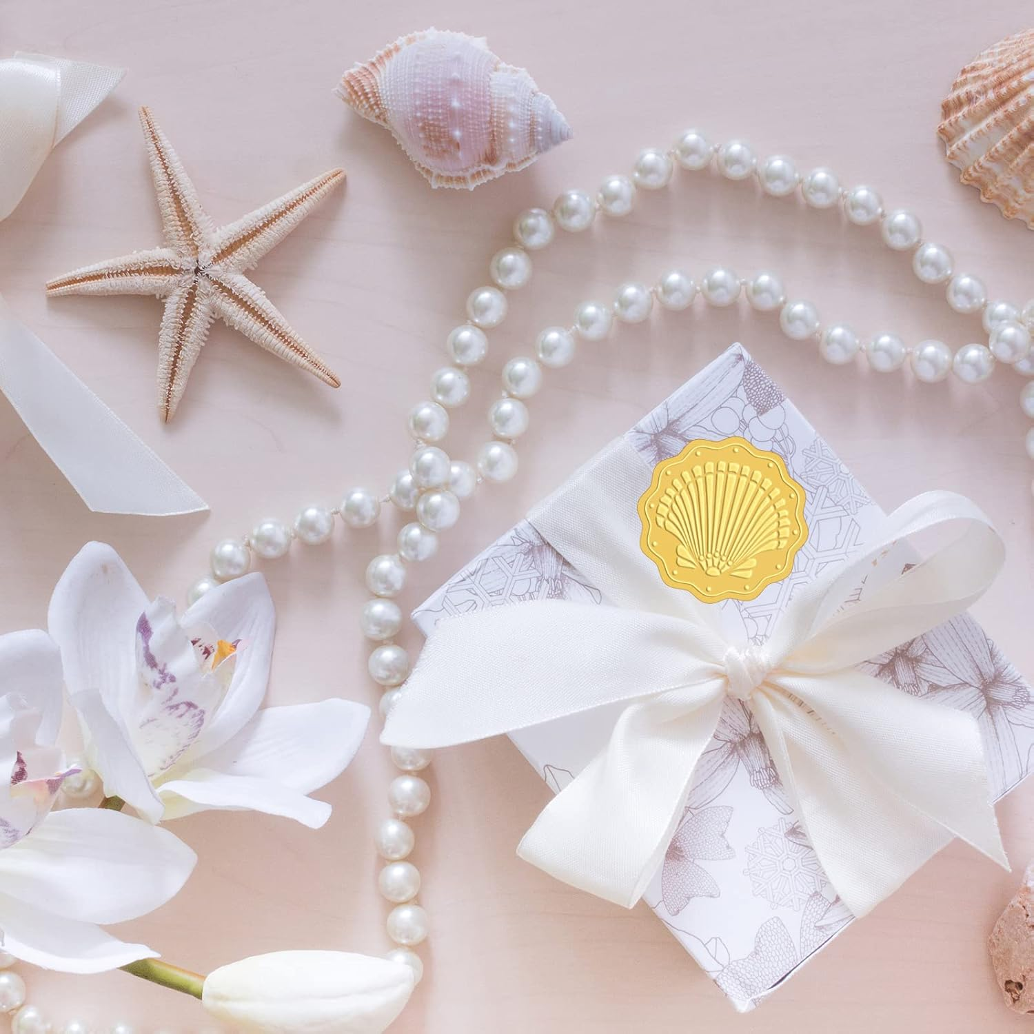 CRASPIRE Sea Shell Stickers 2" Gold Foil Envelope Decorative Seals 100Pcs Seashell Ocean Summer Embossed Seals Adhesive Decal Label for Leter Wedding Invitations Envelopes Gift Packaging Card Making image number 6