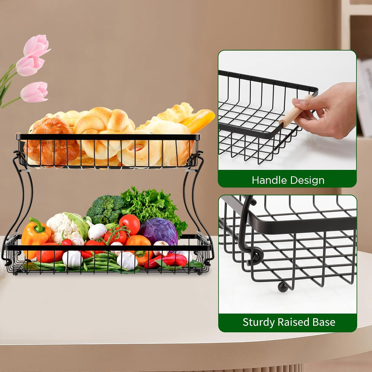 VINATO Fruit Basket, Fruit Stand 2 Tier with Wooden Handles for Kitchen, Bathroom & More - Fruit Stand, Vegetable & Kitchen Organisation, Snack Organiser, Black
