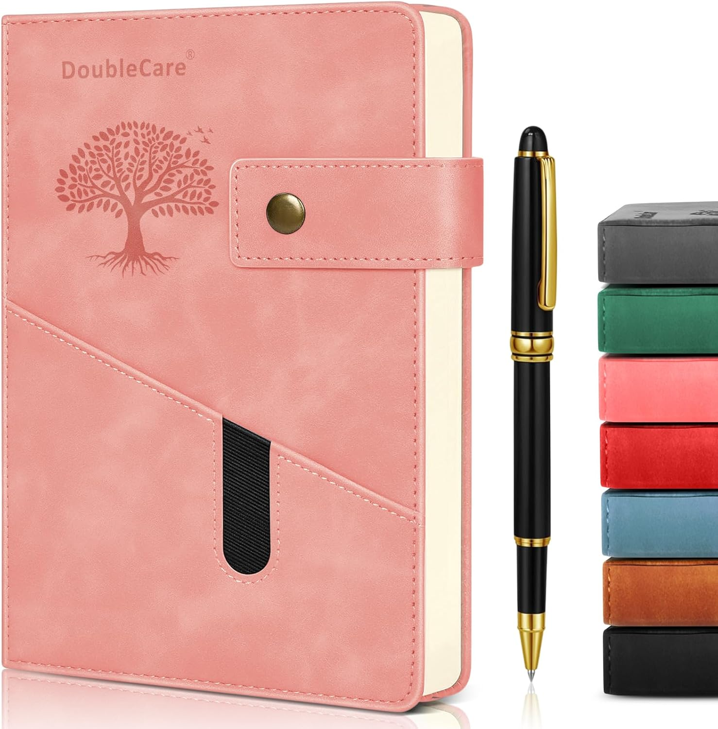 A5 Hardcover Vegan Leather with Divider, Hardcover Notebook with Pocket, Ruled Note Book Office School Supplies with Pen, Office, Business Trips, for Men Women (Pink)