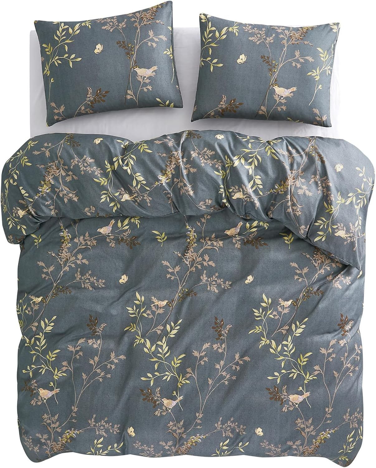 Wake in Cloud - Quilt Cover Set, Soft Microfiber Duvet Doona Cover Bedding with Pattern Printed, 3 Pieces, Floral Bird Grey, Queen Size image number 4