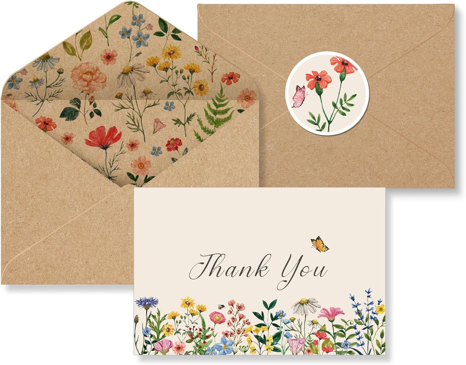 Wildflower Thank Cards with Envelopes,24 Pack Bulk,4X6 Inch,Kraft Envelopes,Wax Seal Stickers,Flower Greeting Cards with Envelopes Set,Butterfly Thank You Cards,For Baby Shower,Wedding,Bridal Shower,Graduation,Birthday,Funeral,Small Business,Gift