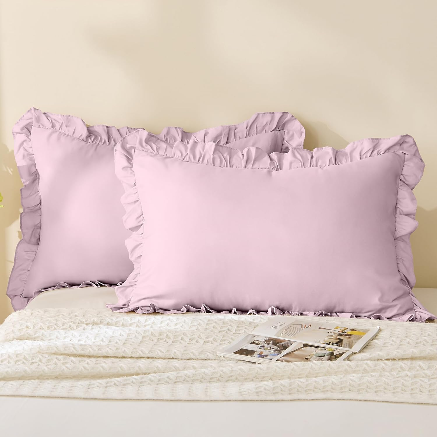 LINENOVA Ruffled Pillow Cases Set of 2 - Standard Size 48X74Cm - Ultra Soft Microfiber 2000TC Pillowcase - Pillow Cover with Envelope Closure - Sage Green