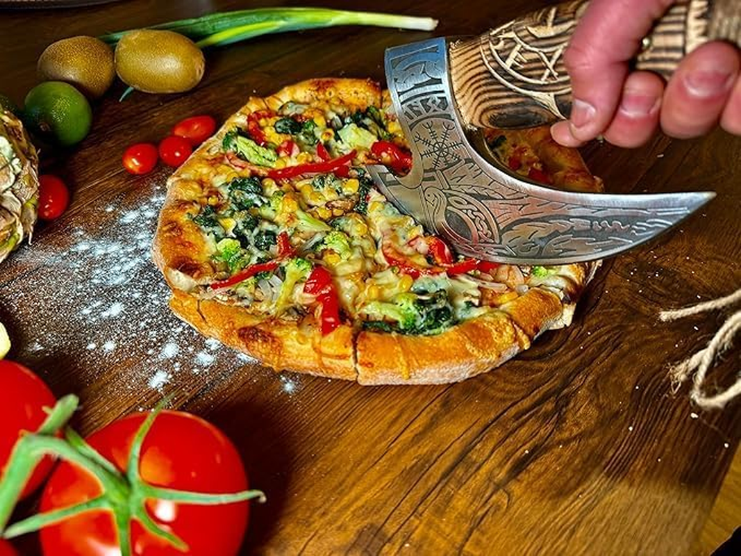 Viking Pizza Axe with Sheath, Viking Butcher Axe, Viking Pizza Cutter Axe - Olive Wood Handle & Heavy Duty Viking Axe Head - Perfect for Cutting Pizza, Meat, Vegetables (PC-29) image number 4