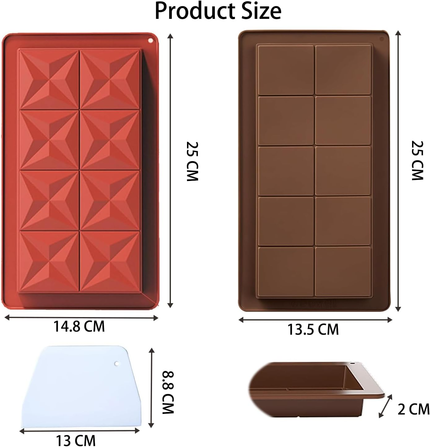 Fyvadio Chocolate Mold, 2 Pack Dubai Silicone Chocolate Bar Molds for Stuffed Bar,Big Chocolate Candy Bar Mold for Filling Knafeh Pistachio Chocolate Bar Kit (0.79 Inch Deep, Attached One Scraper) image number 1