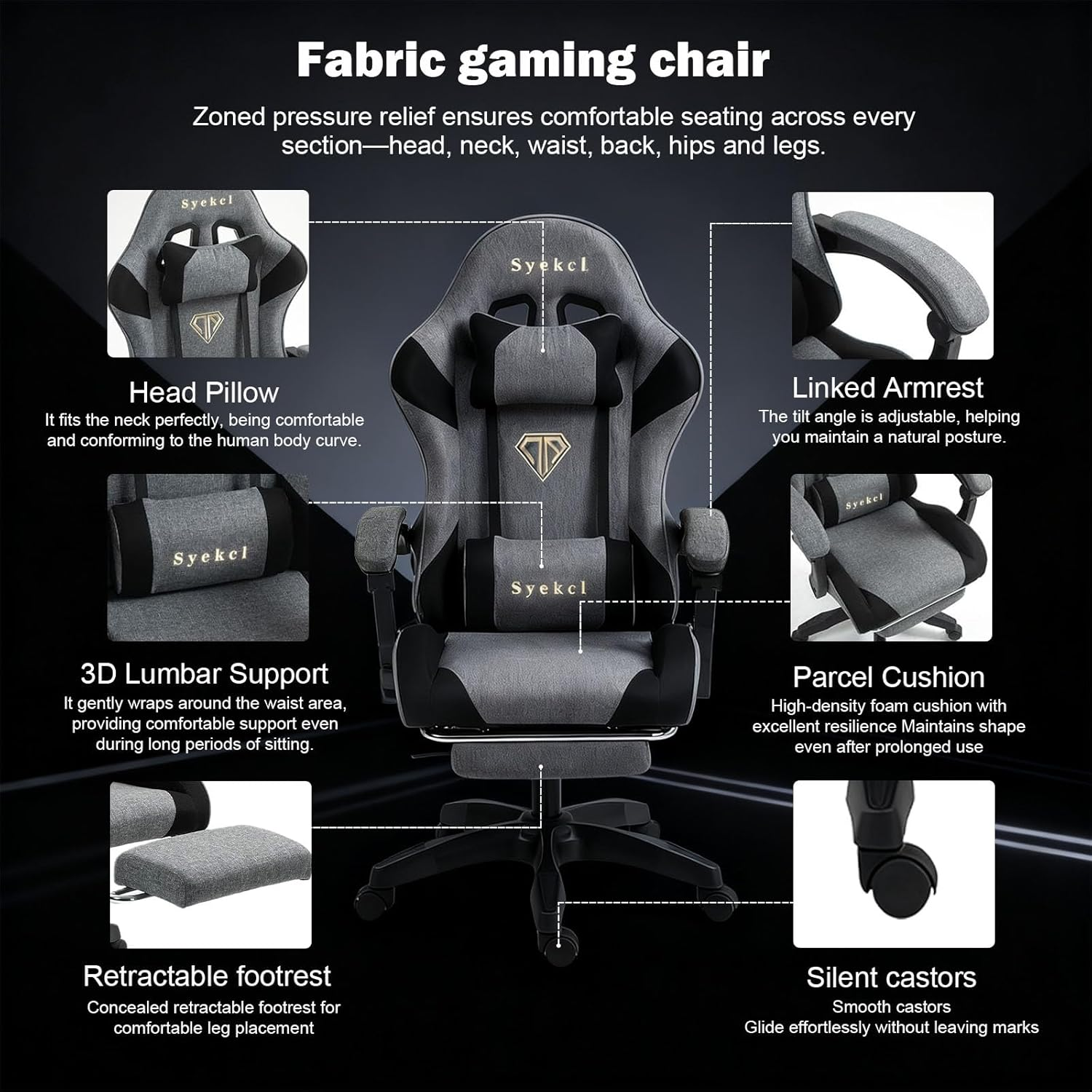 Gaming Chair Computer Chair, Ergonomic High Back Fabric Gaming Chair, Tilt and Height Adjustable Computer Chair with Neck and Massaging Lumbar Support for Office or Gaming (Linen, Grey) image number 3