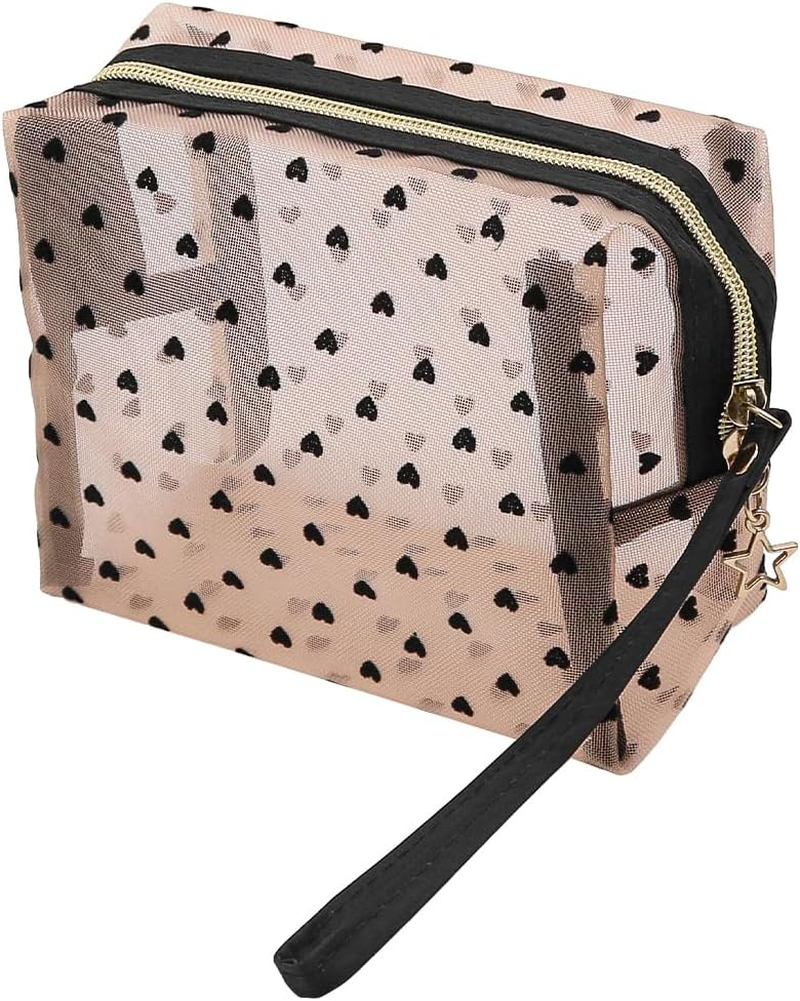 Set of 2 NUZAMAS Mesh Cosmetic Bag Heart Pink Portable Makeup Pouch Travel Toiletry Bag Mini Zipper Mesh Pouch Makeup Organizer for Home Office Travel Women Girls image number 4