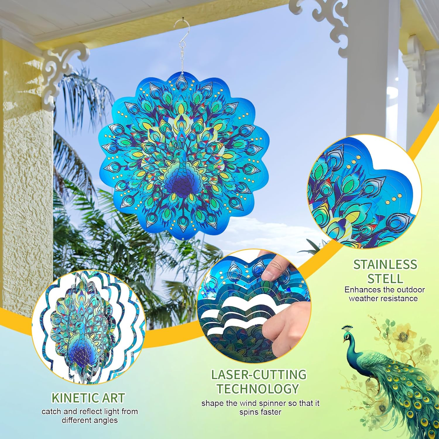 Metal Wind Spinners, Peacock Stainless Steel 3D Hanging Wind Spinners, 12 Inch Laser Cut Wind Sculptures for Women Gift, Indoor/Outdoor Decor, Yard Art Decorations (Peacock) image number 2