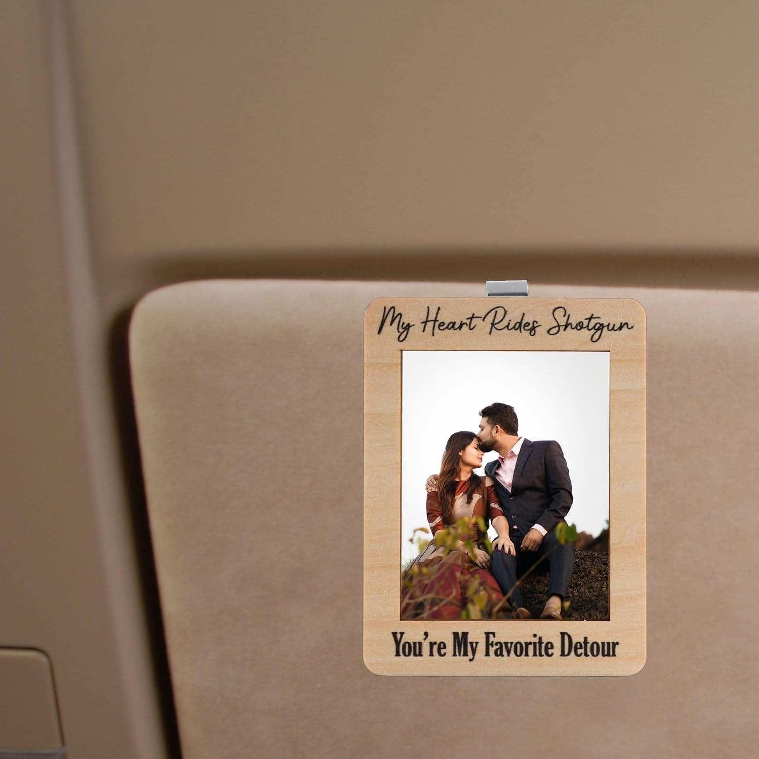 MOTOFITOOL Car Visor Picture Frame, My Heart Rides Shotgun Photo Holder, Drive Safe I Love You Clip, Personalized Car Accessory, Wooden Keepsake