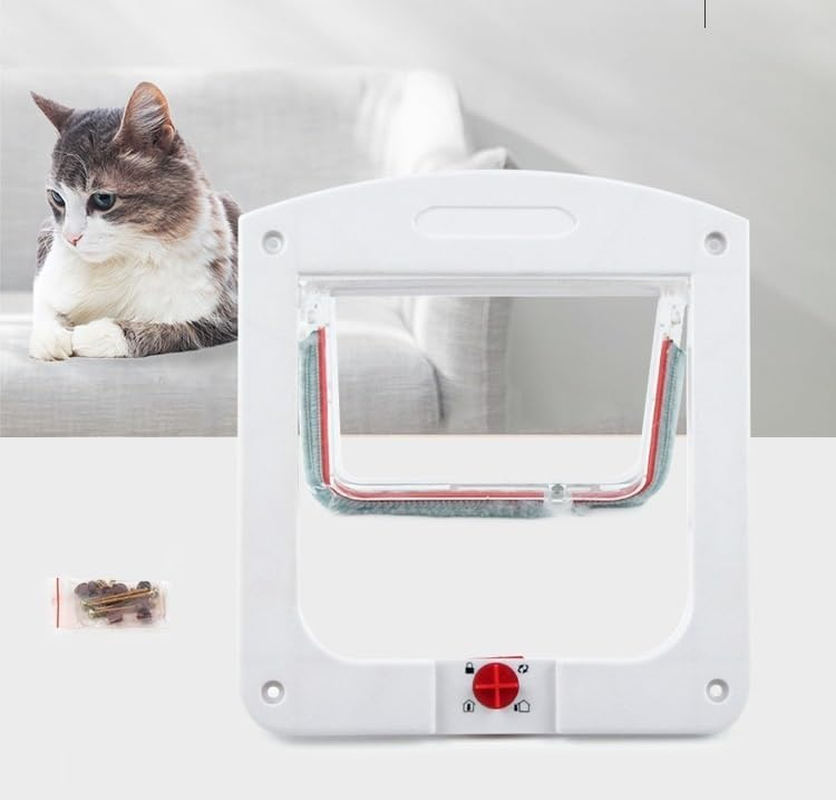 4-Way Lockable Cat Flap,Pet Cat Door Hole Dog Door Hole Can Control Two-Way Door for Free Entry and Exit of Pets. (White, One Size)