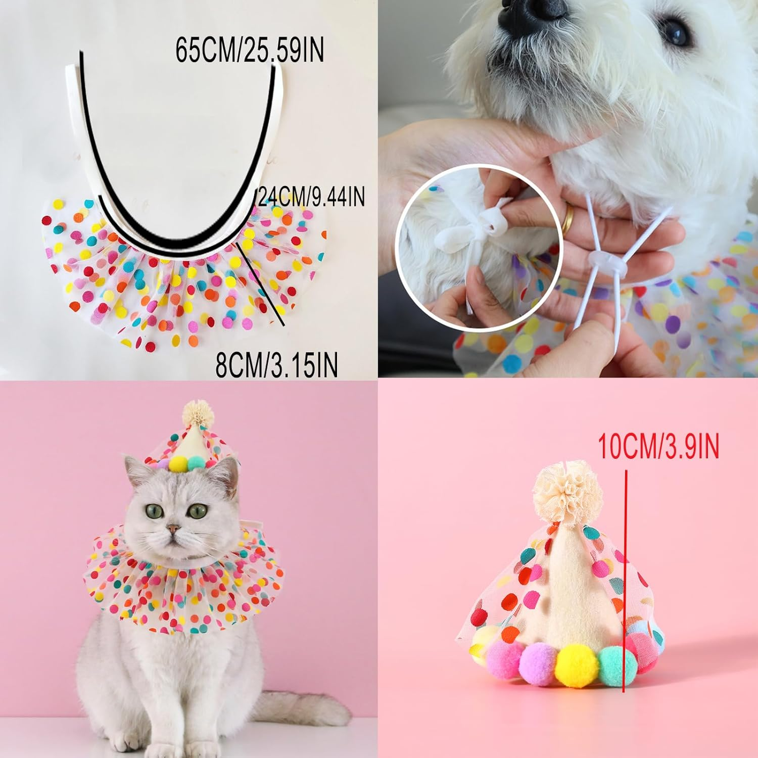 Cat Dog Birthday Hat Scarf Set Puppy Princess Costumes Party Hat Lace Lace Cute Cat Outfit Dots Bandana Doggy Cat Birthday Decorations Pet Party Supplies (Colour-1) image number 6