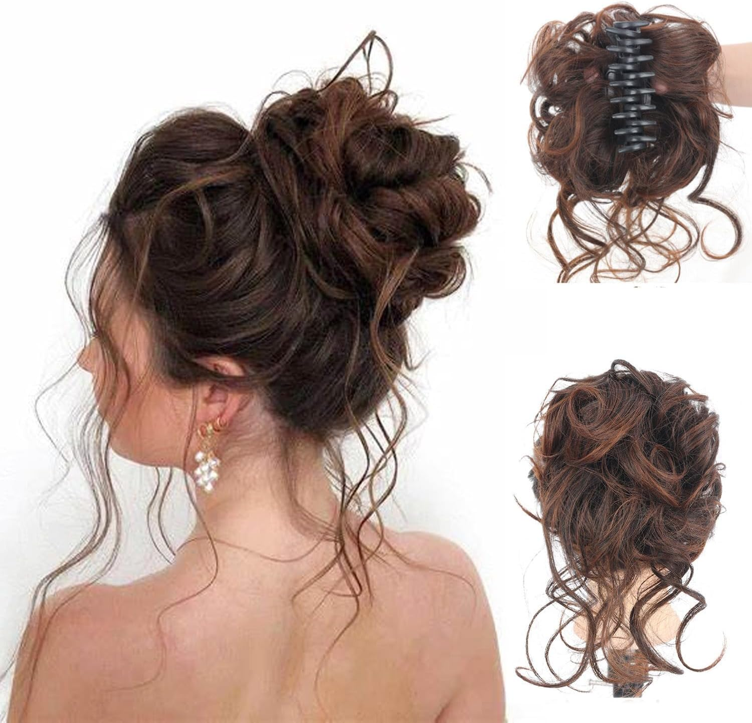 Messy Bun Hair Piece Claw Clip Synthetic Chignon Tousled Updo with Tendrils Hair Extensions Hair Bun Curly Wavy Faux Hair Bun Hair Scrunchies Hair Accessories for Women (Black Mix Medium Ash Brown)