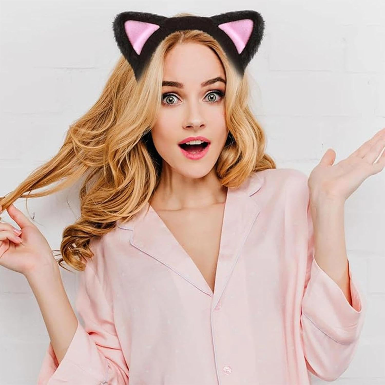 Dinghaole 2 Pcs Cat Ears Headbands, Cute Cat Ears Headband Animal Ears Hair Accessories, Ears Headbands with Pink Inner Ear Cute Hair Accessories for Halloween Cosplay Makeup Spa Yoga Photo Props image number 6