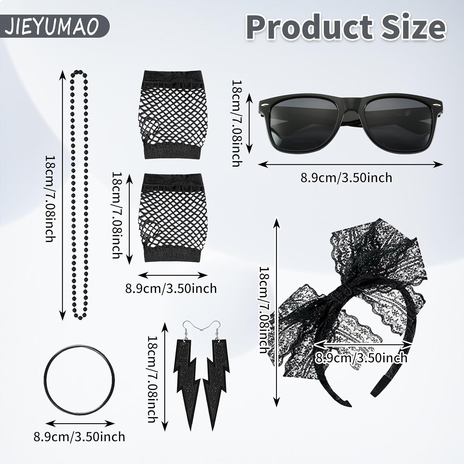 JIEYUMAO 80S Accessories, 6Pcs 80S Costume Accessories for Women, Fancy Dress Accessories with Lace Headband Earrings Fishnet Gloves Necklace Bracelet Black Glasses for Theme Party image number 6