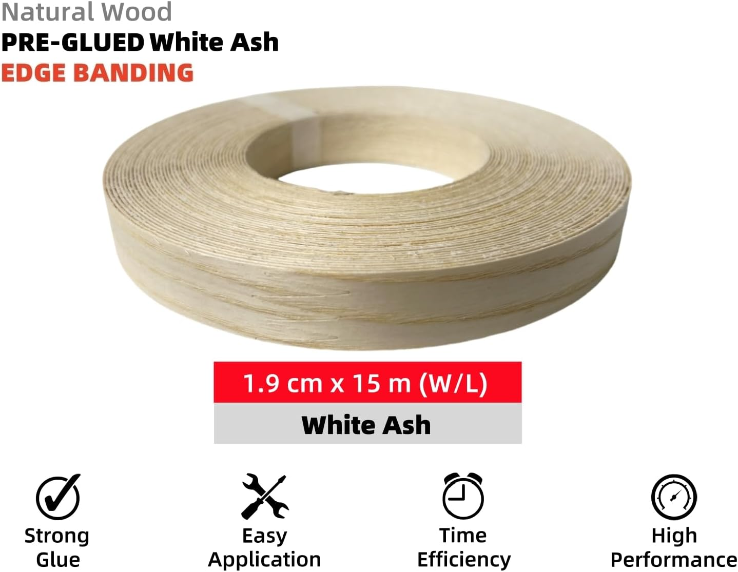 Preglued American White Ash Wood Veneer Edging, Plywood Edge Banding, Flexible Wood Tape, Iron on Easy Application Veneer Edging with Hot Melt Adhesive Back (1.9Cmx15M) image number 1