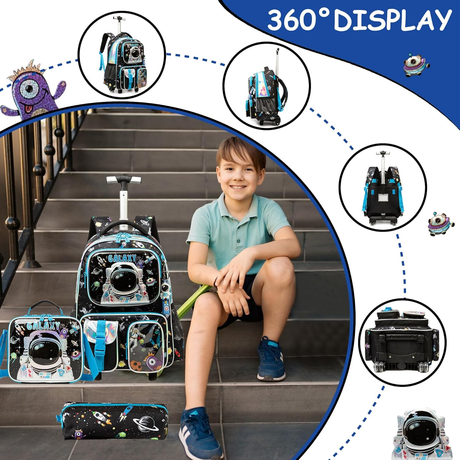 Meetbelify Kids Rolling Backpack with Wheels for Girls Boys Rolling Backpacks for Elementary Students, Boy 02, Small - Child 05 image number 2