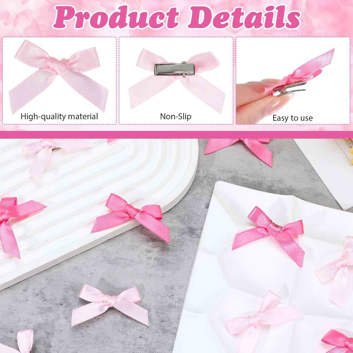 Classicseali Pack of 60 Mini Bows Hair Clips, Pink Ribbon with Clip, Pink Mini Bow Hairpin, Cute Bow Clips Accessories for DIY Styling Hair, Gifts, Bakery, Candy Bags image number 4