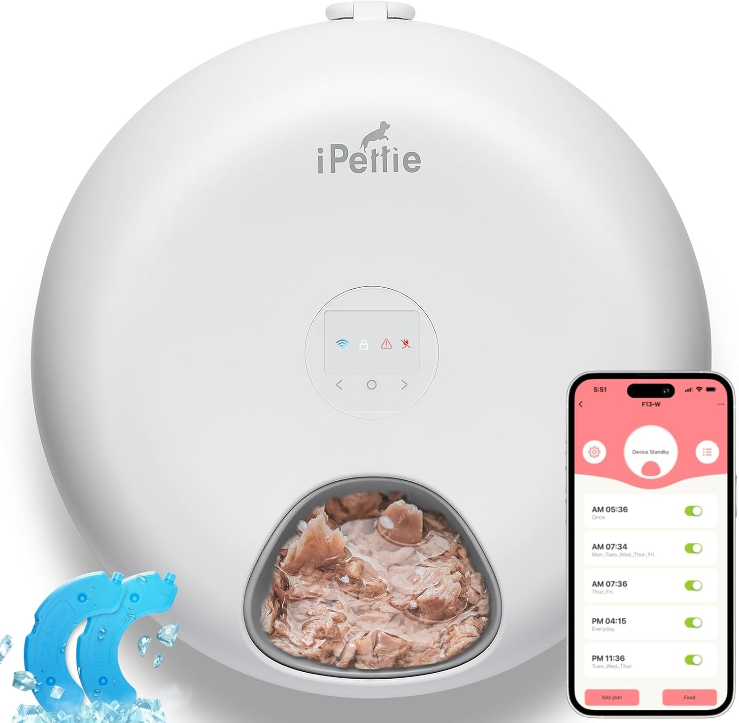 Ipettie Donut Frost Wifi 6 Meal Automatic Cat Food Dispenser with App Control, Dry & Wet Food Automatic Cat Feeder, Smart Dog Feeder with Two Ice Packs, Programmable Timer, Holds 6 X &frac12; Lb. of Food image number 4