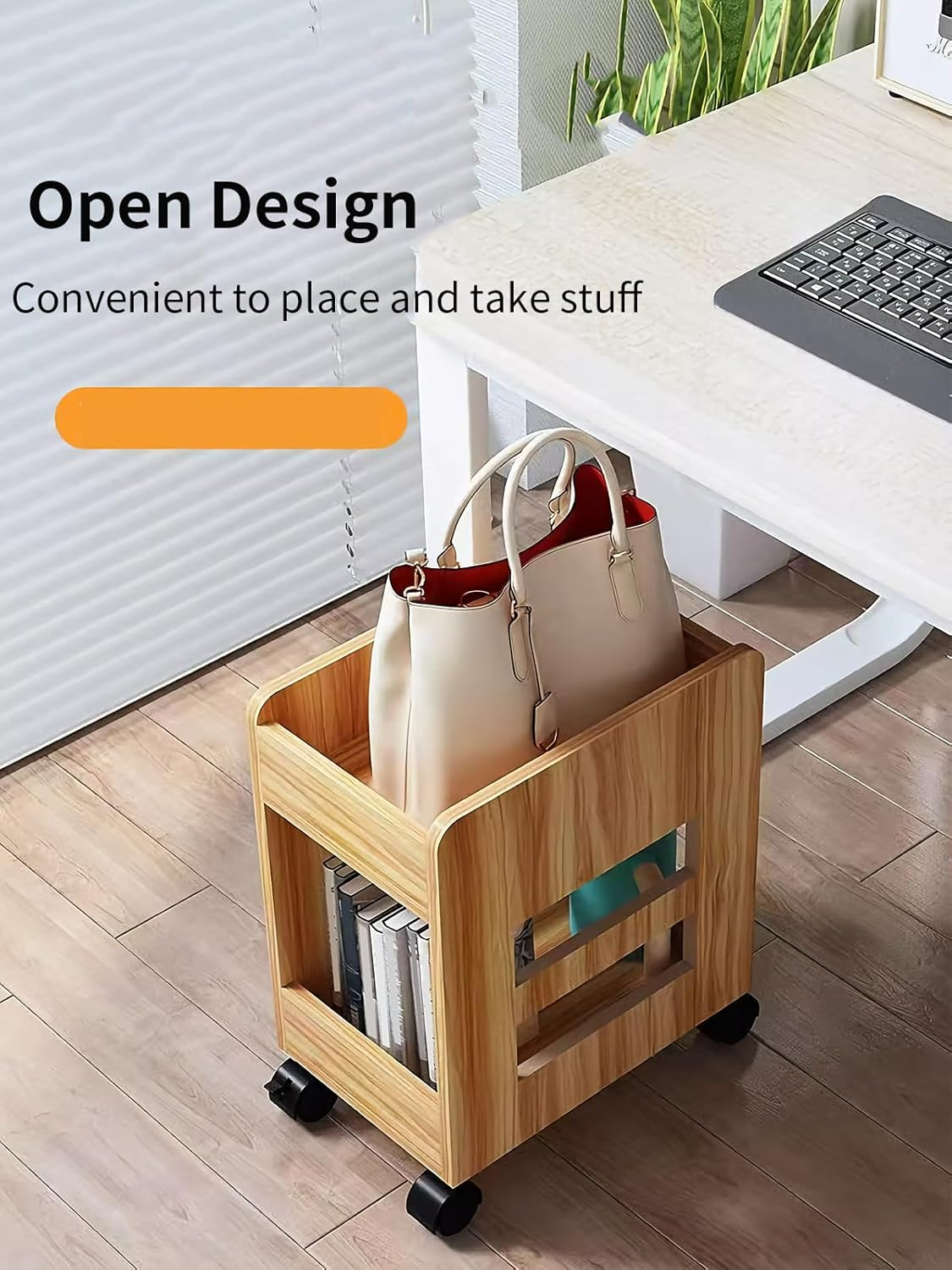 Rolling Storage Cart on Wheels, 2-Tier Wooden Book Cart Rolling Organizer, Utility Organizer, Multi-Functional Movable Trolley Bookshelf image number 4