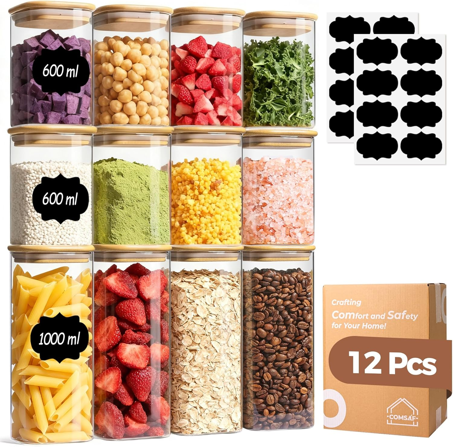 Comsaf Storage Jars with Lid, Airtight Set, 600 Ml/1 L, Glass Container with Lid and Storage Jars, Ideal for Kitchen Storage & Organisation, Cereal Box and Kitchen Organisation, Kitchen Organiser