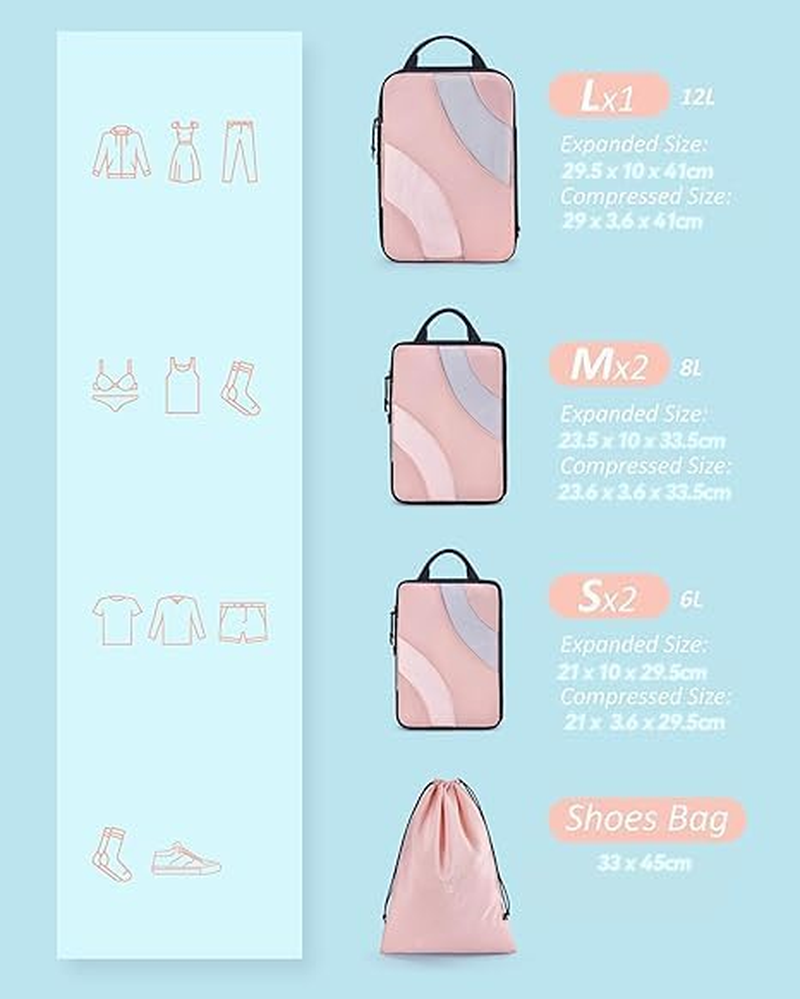 Telfun Compression Packing Cubes, 6 Set Travel Packing Cubes for Carry on Suitcases, Compression Suitcase Organizers Bag Set & Travel Cubes for Luggage, Lightweight Packing Organizers (Pink) image number 1