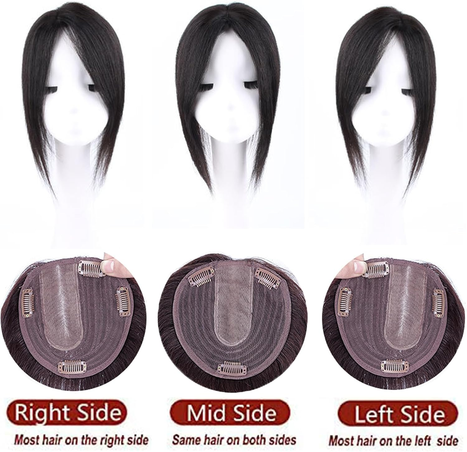 ICRAB Side Part Natural Hair Topper Wig Pieces Human Hair 13X14Cm Silk Base Crown Topper Clip in Hairpiece Large Coverage Wiglets Hairpieces for Thinning Hair Loss Natural Black,Left Part 12 Inch image number 5