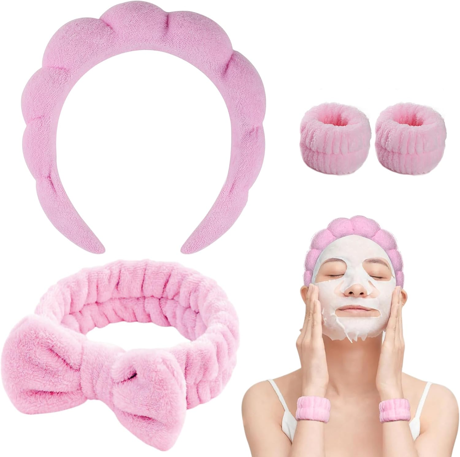 Bighan Spa Makeup Headband Set, Headband Skincare Headband for Woman, Face Wash Wristband and Bowknot Hair Band, Facial Wrist Towel Washbands for Women Girls, Pink - Blue image number 7