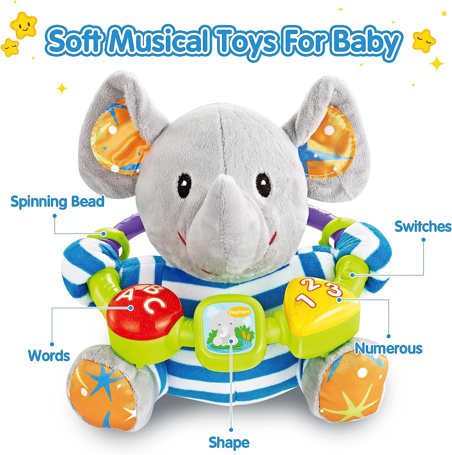 Qizebaby Toys for Babies 0 3 6 9 12 Months-Plush Elephant Music Toddler Toy- Newborn Musical Toys for Baby 6 to 12 Months-Montessori Stuffed Animal for Kids- Baby Toys Gifts for Boys Girls Toddlers image number 5