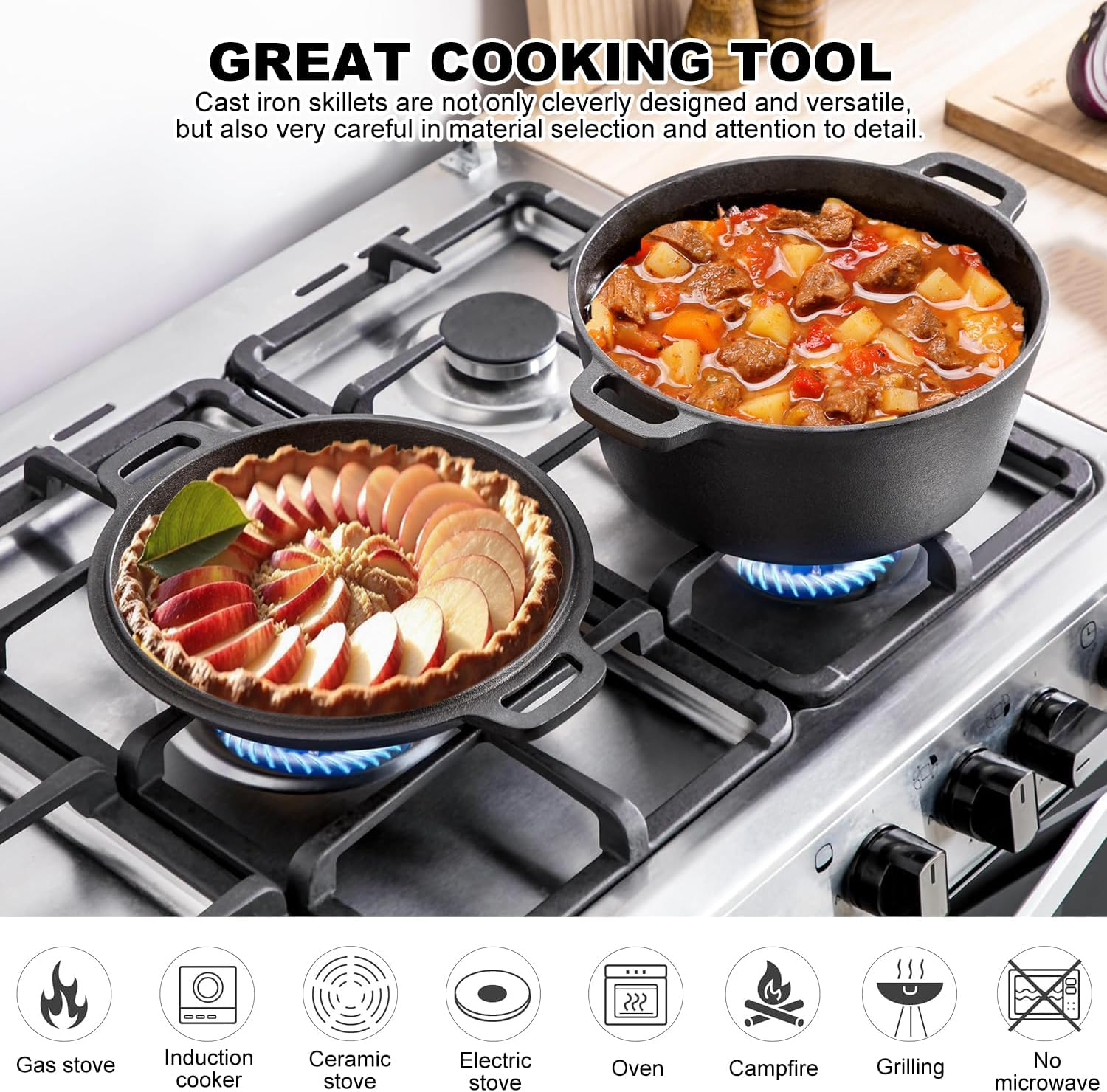 2-In-1 Pre-Seasoned Cast Iron Dutch Oven Pot with Skillet Lid Cooking Pan, round Double Function Dutch Oven, Cast Iron Pots and Pans Set with Anti-Scald Clip, Multi-Purpose, Diameter 26Cm, 4.7L image number 2