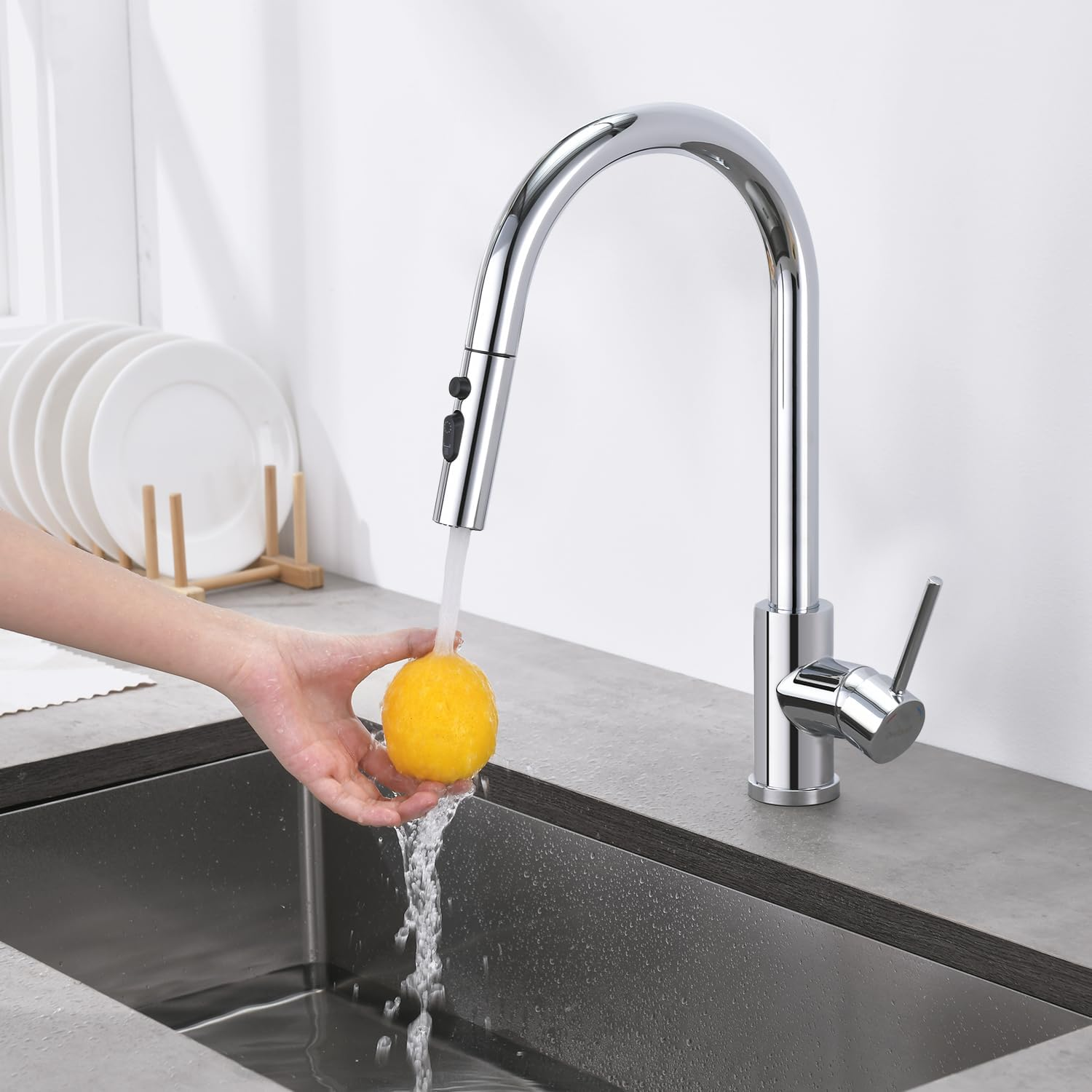 Decaura Polished Chrome Lead-Free Kitchen Mixer Taps Pull Out 3-Mode Metal Sprayer Laundry Sink Mixer Tap 360&deg; Swivel Spout (Chrome) - Chrome image number 3