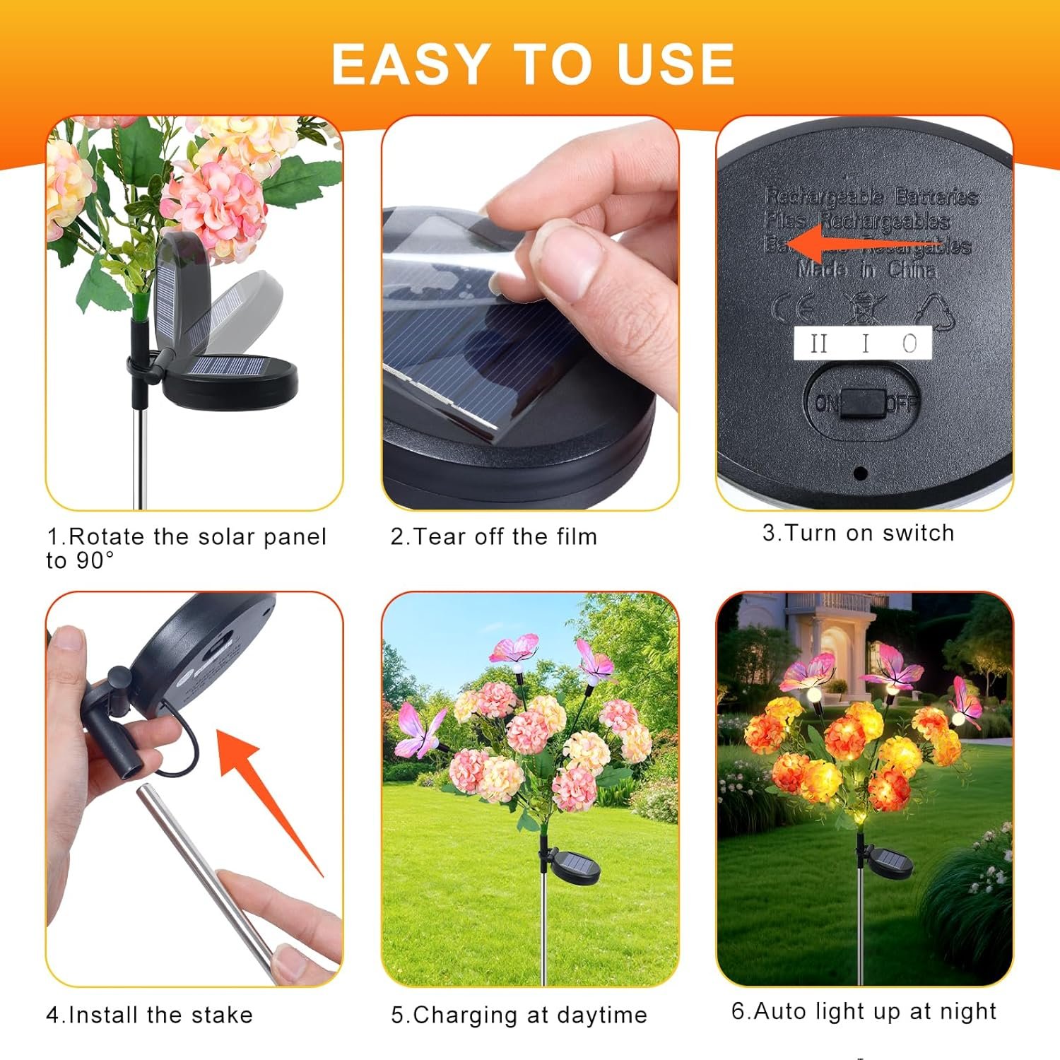 Qoosea Solar Lights for Outdoor Garden, Pack of 2, Hydrangea Solar Lamp with Swaying Butterfly, LED Solar Flower Lamp, IP65 Waterproof, Garden Lights Decoration for Garden, Fences, Wedding Party image number 6