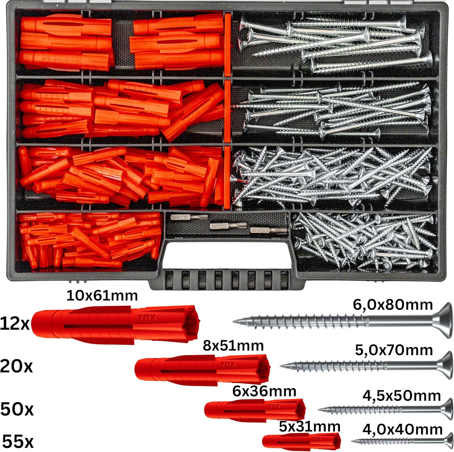 Tox TRI All-Purpose Dowels Assortment 277 Pieces in Practical Case Dowels + Screws + Bits Universal Dowels Mounting Assortment with TX Screws image number 6