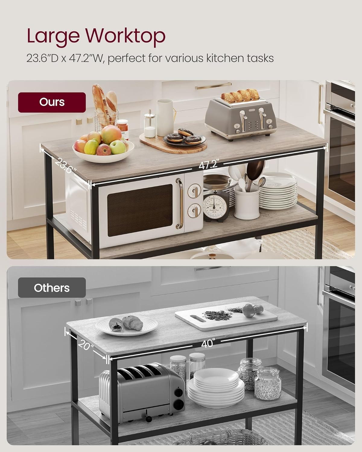 VASAGLE Kitchen Island with 3 Shelves, 47.2 Inches Kitchen Shelf with Large Worktop, Stable Steel Structure, Industrial, Easy to Assemble, Greige and Black UKKI001B02 image number 6