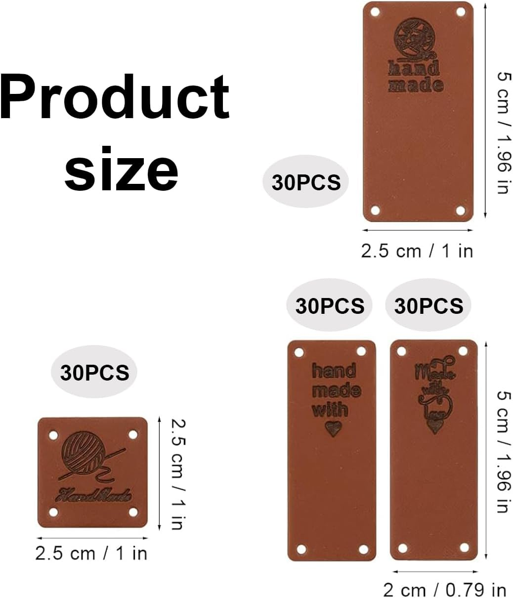 120Pcs Handmade Leather Labels, Funcyboo Handmade Labels Tags PU Leather Label Tags Handmade Embossed Tags with Holes for DIY Crafts Clothing Handmade Knitting (4 Patterns) image number 6