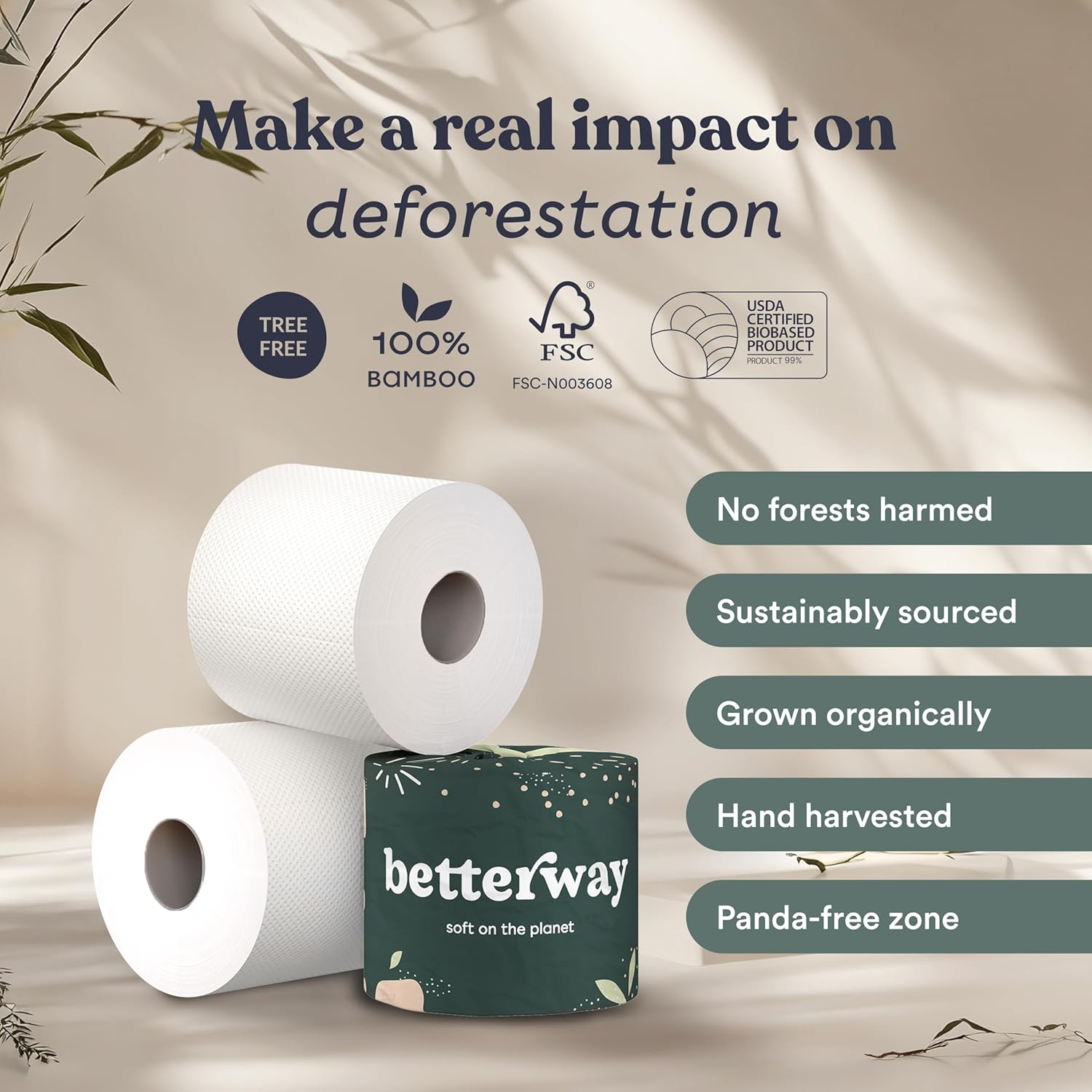 Betterway Bamboo Toilet Paper 3 PLY - Eco Friendly, Sustainable Toilet Tissue - 12 Double Rolls & 360 Sheets per Roll - Septic Safe - Organic, Plastic Free, Compostable & Biodegradable - FSC Certified image number 2